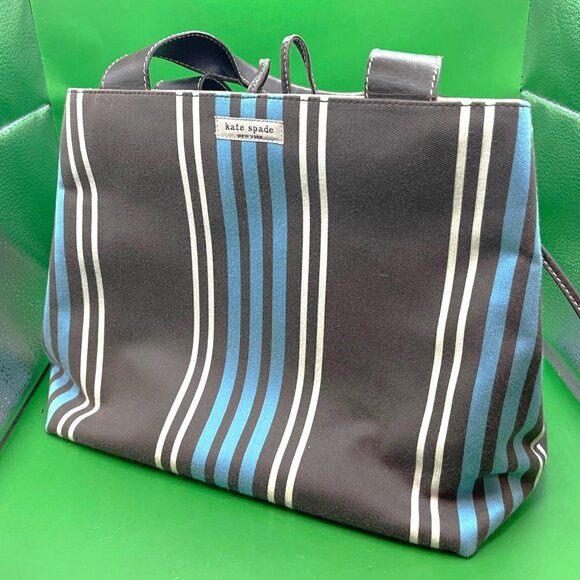 Kate Spade NY Striped Canvas Tote Bag Blue Brown White Leather Handles Italy VTG - Picture 1 of 15